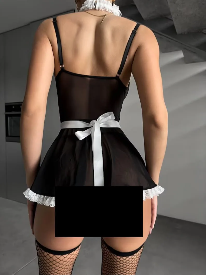 Baby doll camarera negro (incluye medias)